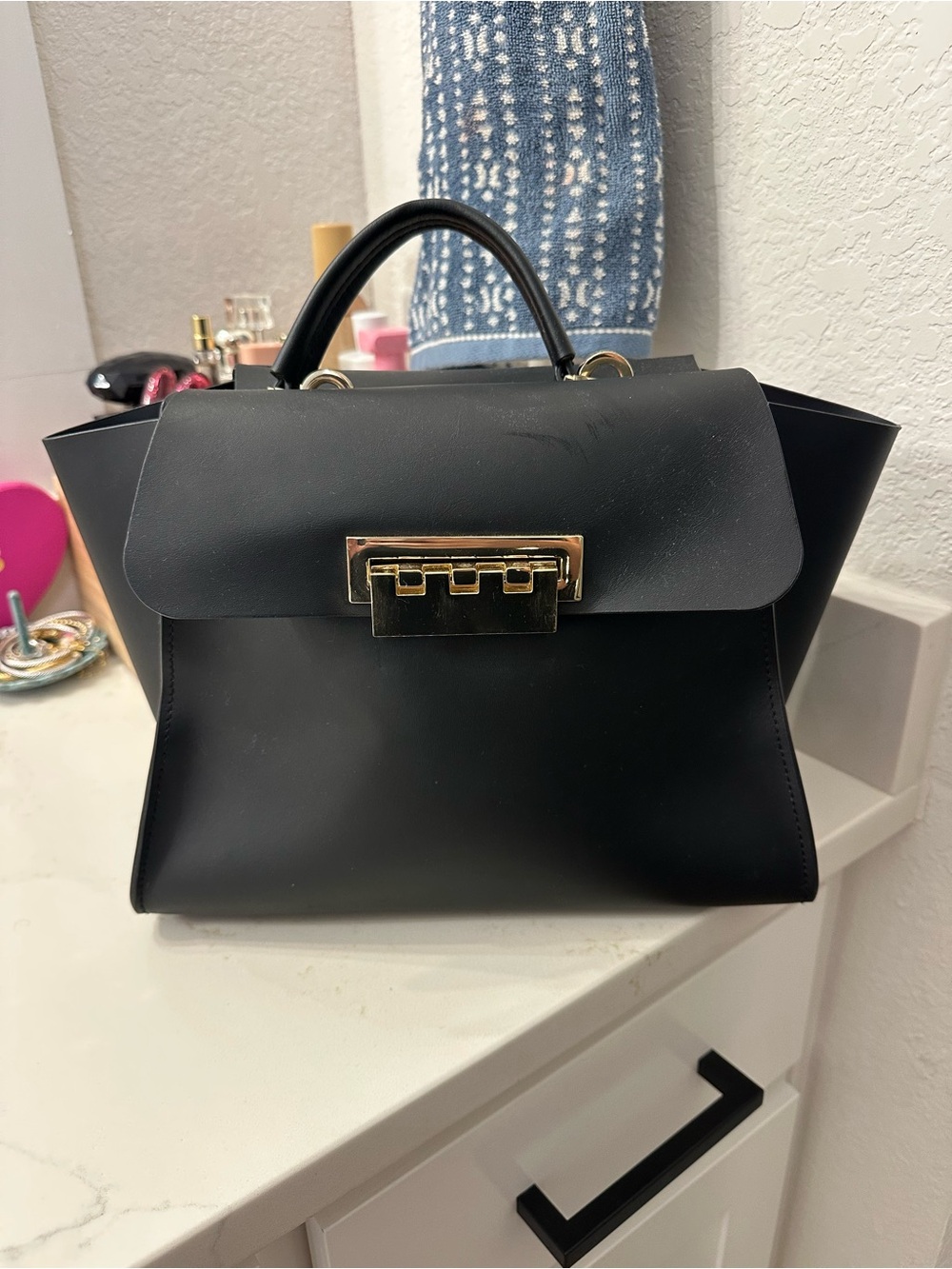 Zac Posen Black Top-Handle Satchel with Gold Hardware